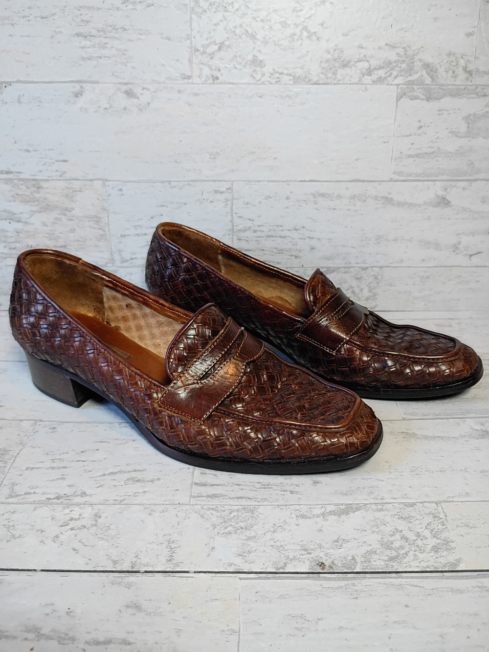 Women's Brown Woven Leather Penny Loafers size 7 - 7.5